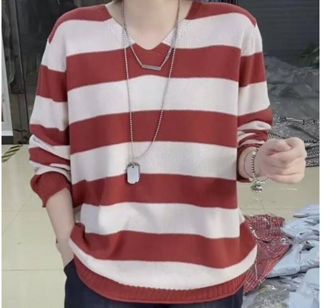 2024新款秋冬季寬鬆條紋針織毛衣女士打底衫
